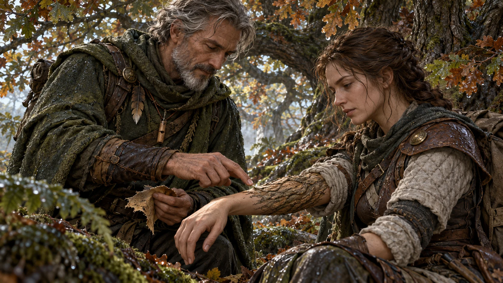 A Ranger uses a piece of hide to toughen a companion's forearm with oak-like Barkskin.