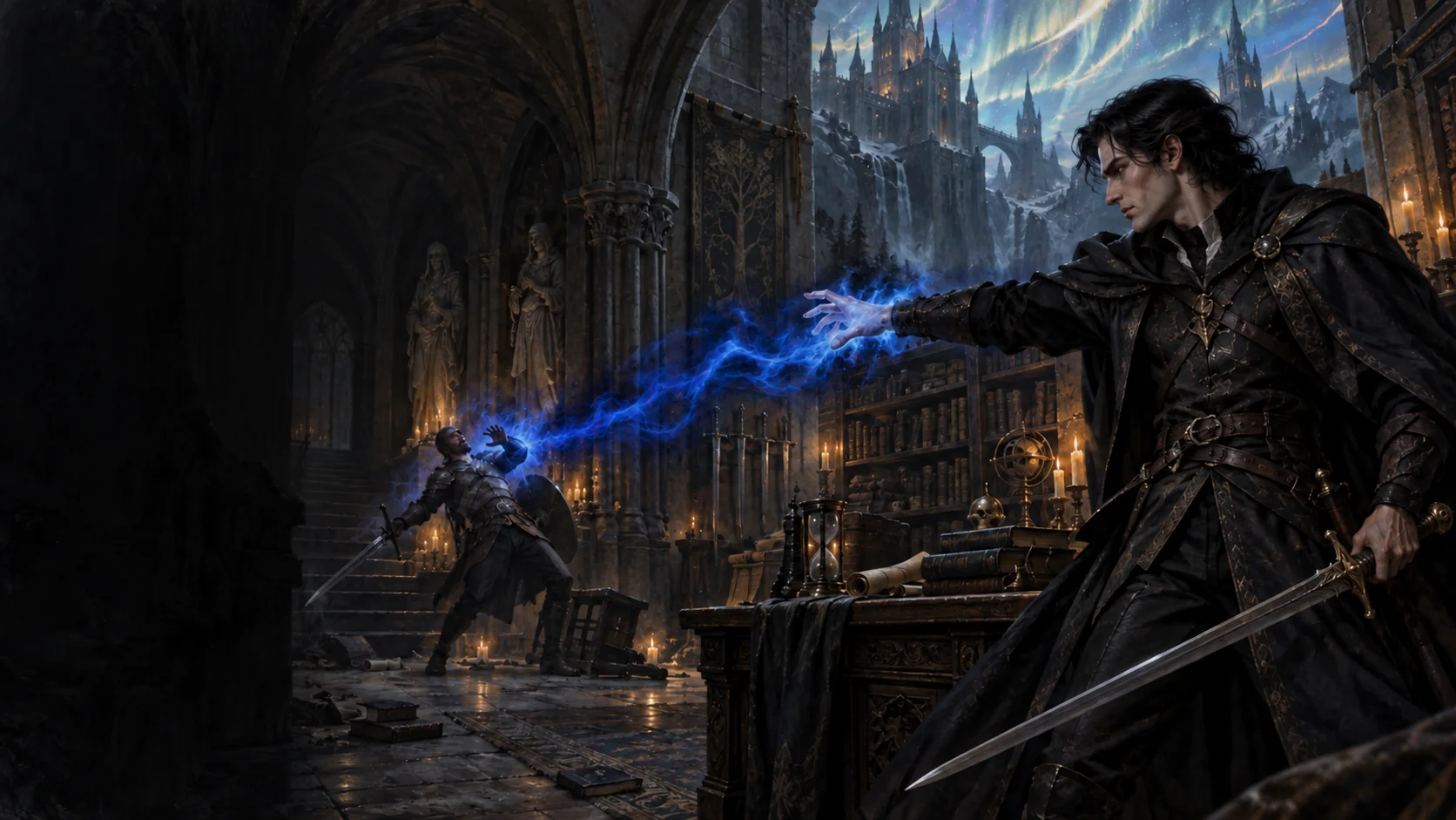 A poised Scion sends dark-blue ghostflame toward an opponent while keeping a sword ready.