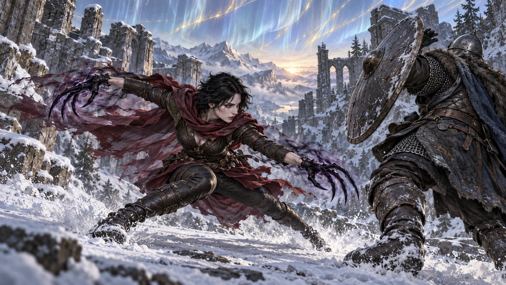 A dhamphir Scion darts past a shielded opponent with predatory claws formed from darkness.