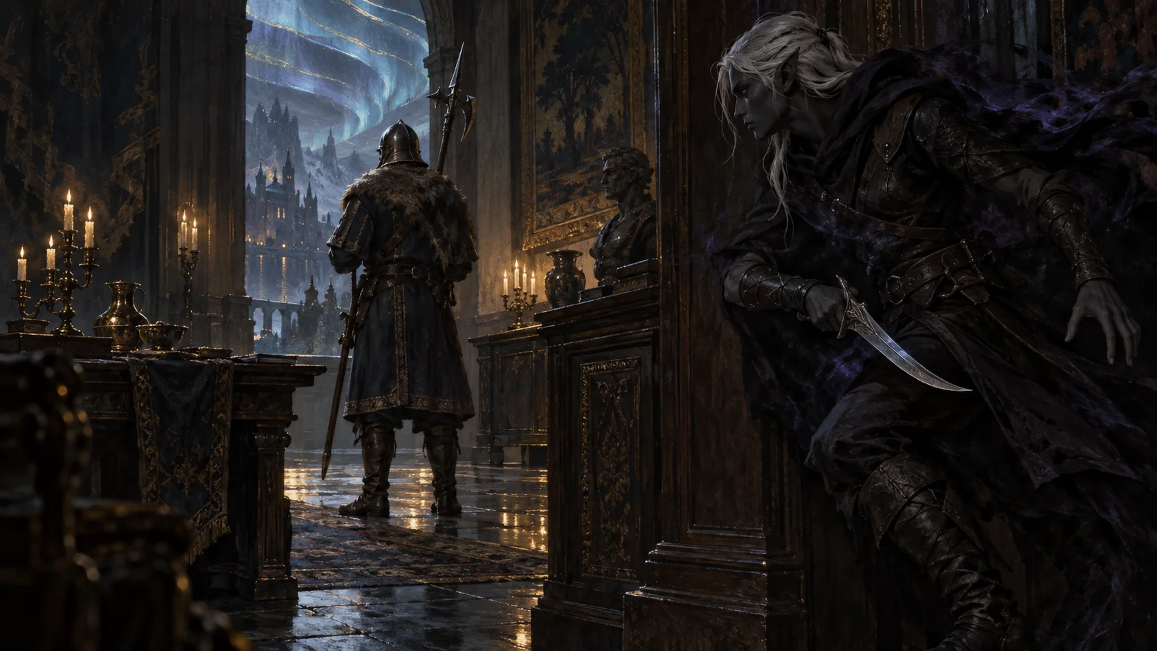 A dark-elf Shadowdancer emerges from shadow behind an armed guard with a dagger ready.
