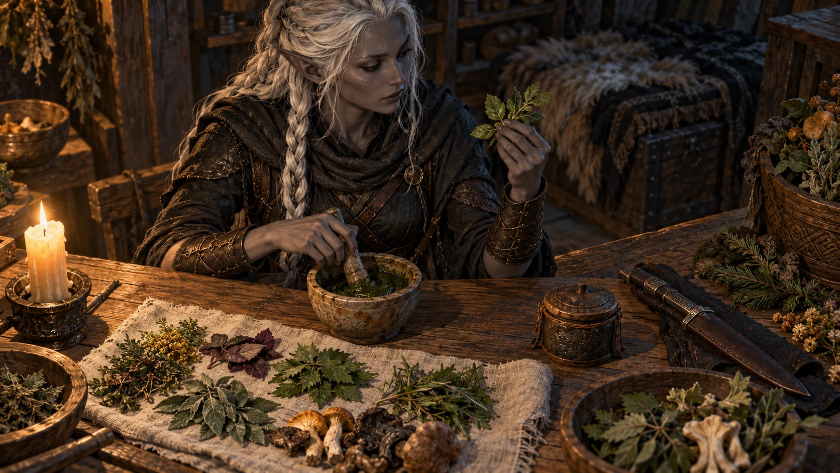 A Shadowdancer compares herbs beside a mixing urn while preparing a poisonous salve.