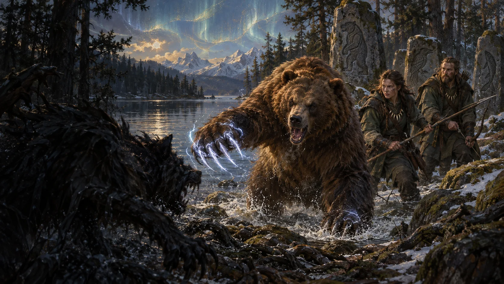 A transformed brown bear uses spectral lightning claws to protect companions in a lakeside glade.