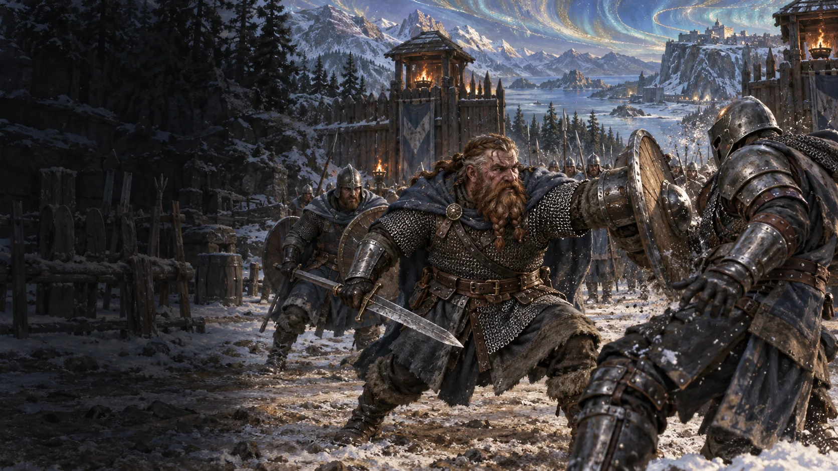 A dwarf soldier drives his shield at an opponent while companions hold the line.