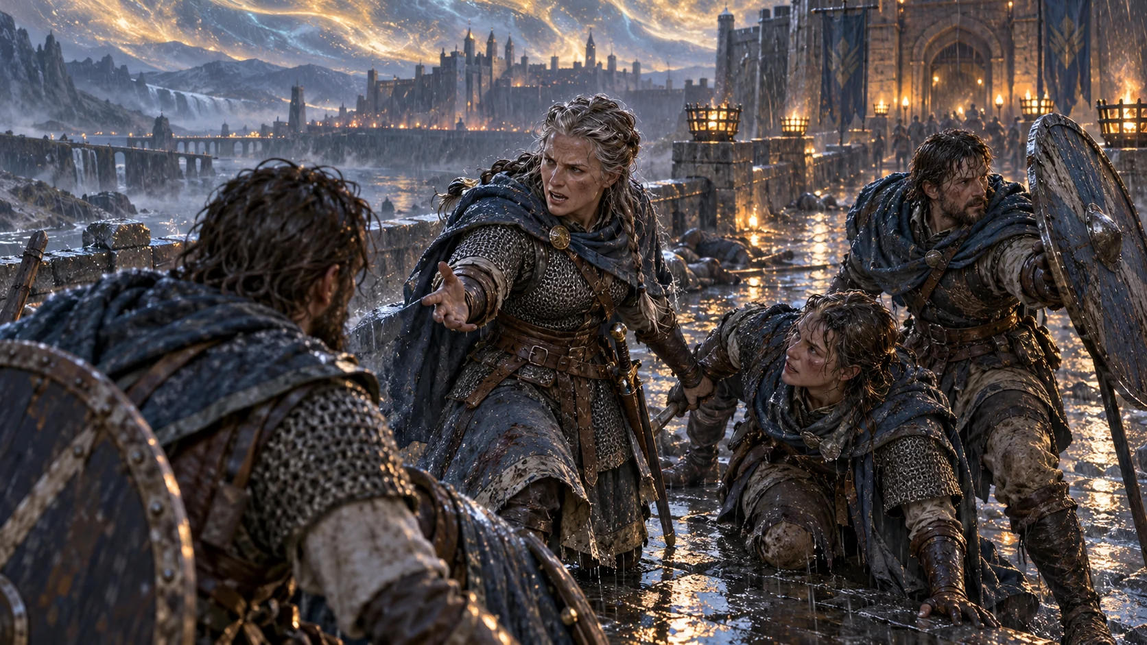 An Army officer calls rain-soaked companions together into a coordinated battle group.