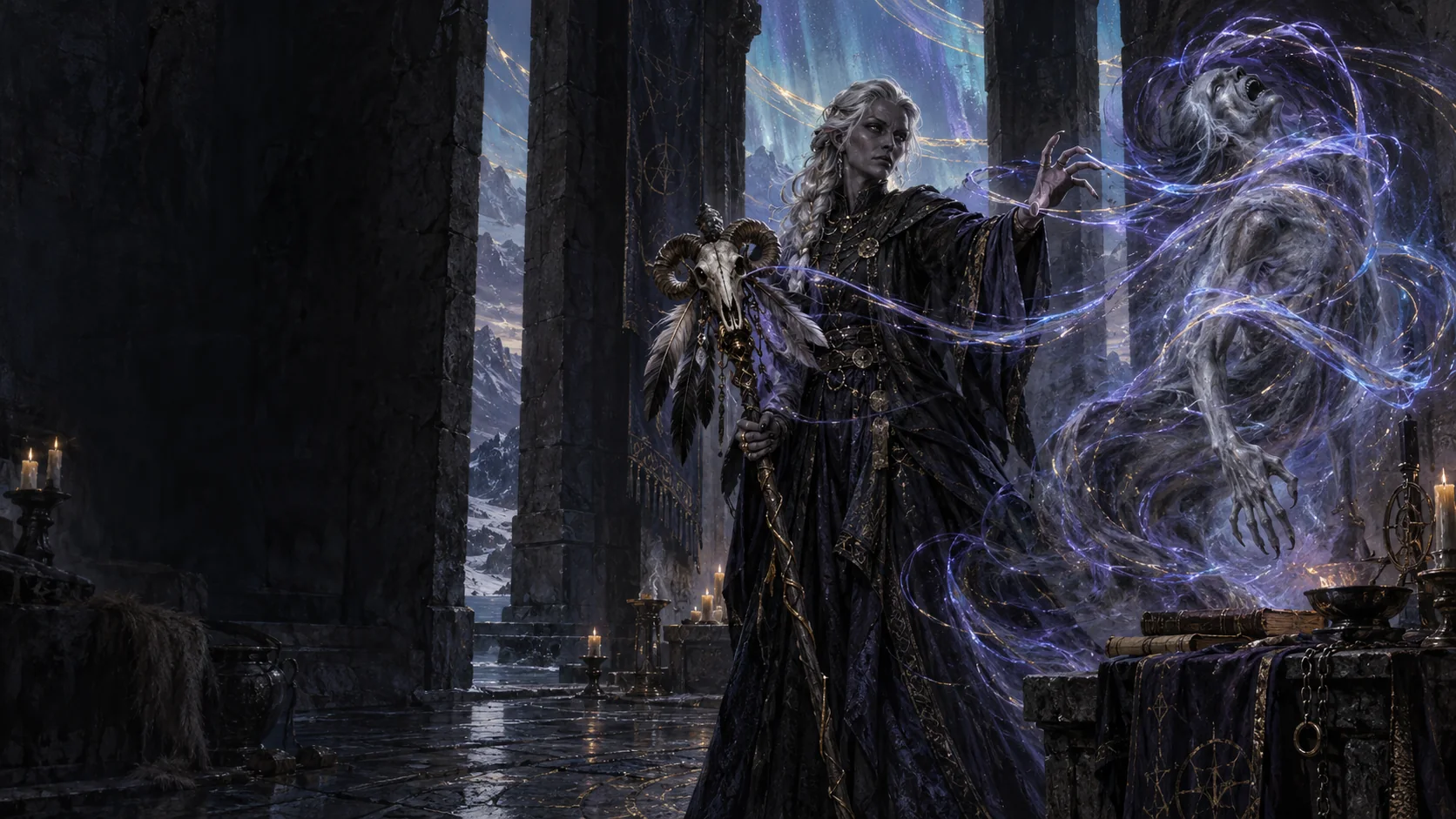 A Sorcerer binds an unwilling spirit through a vortex around a feathered ram-skull sceptre.