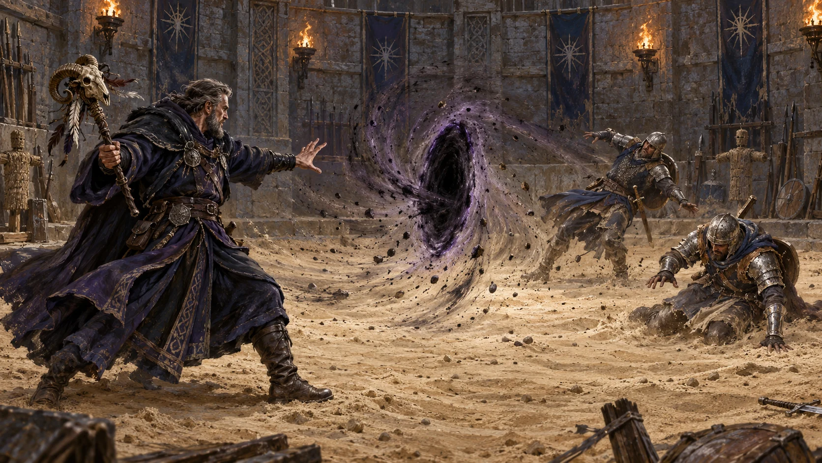 A Sorcerer collapses a reversed vortex, drawing dust and loose cloth inward as nearby foes stagger.
