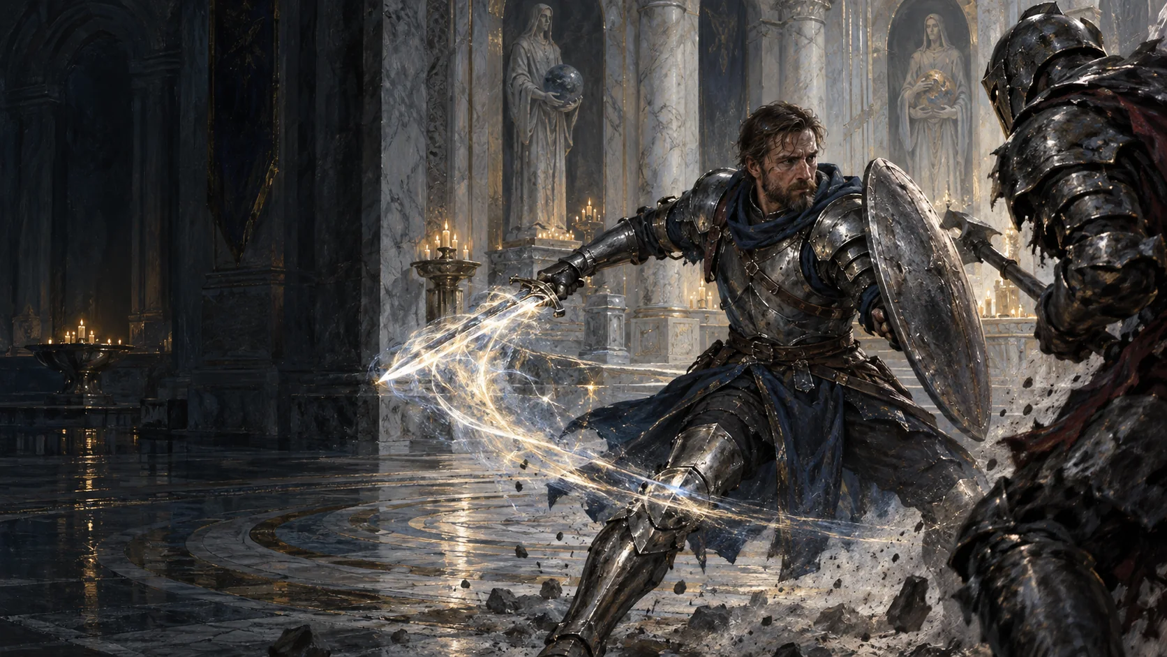 A shield-bearing Templar gathers elemental energy around his sword before an armed opponent.