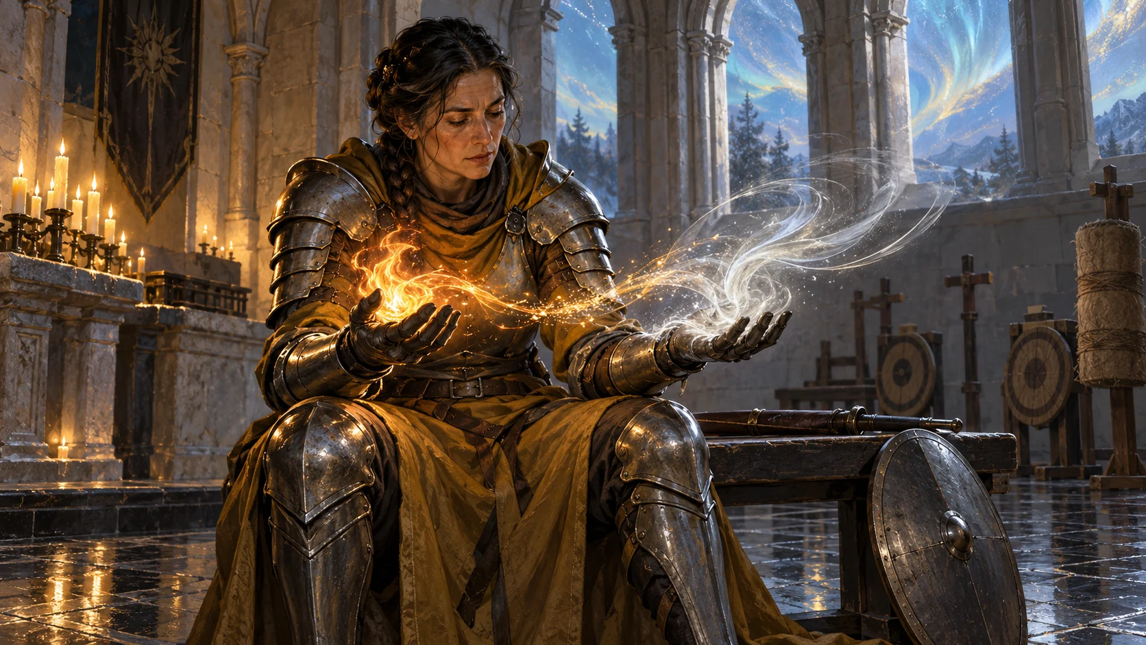 A seated Templar transforms a curl of fire into a pale current of air between her open hands.