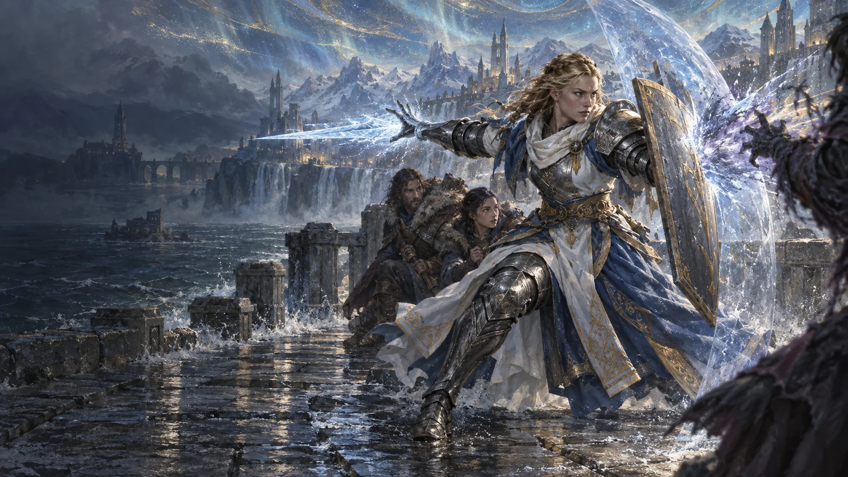 An armoured Waterpriest channels an icicle with a free hand while a broad shield and magical ward protect companions.
