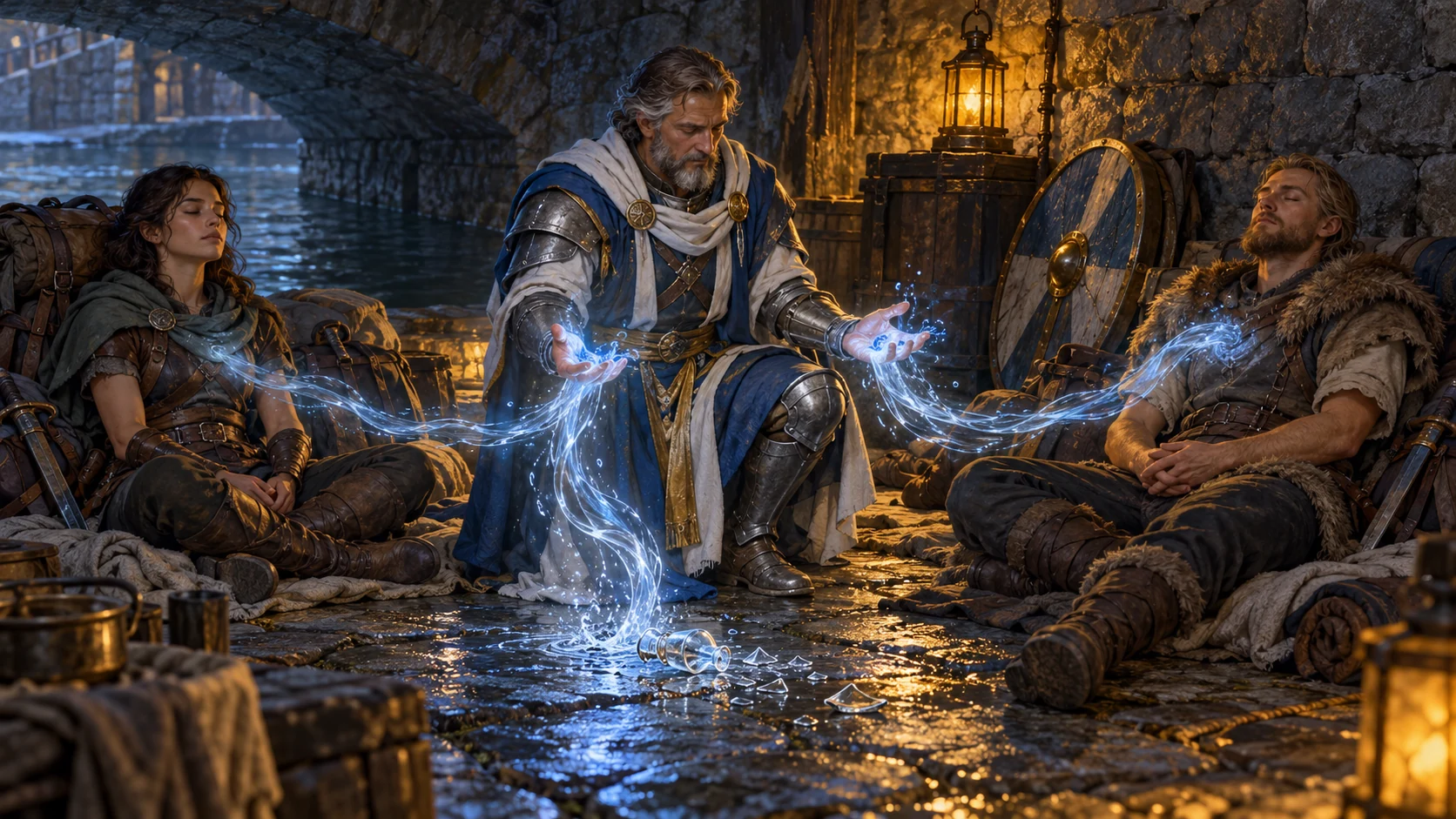 A Waterpriest draws blue streams from holy-water-blessed ground toward meditating companions.