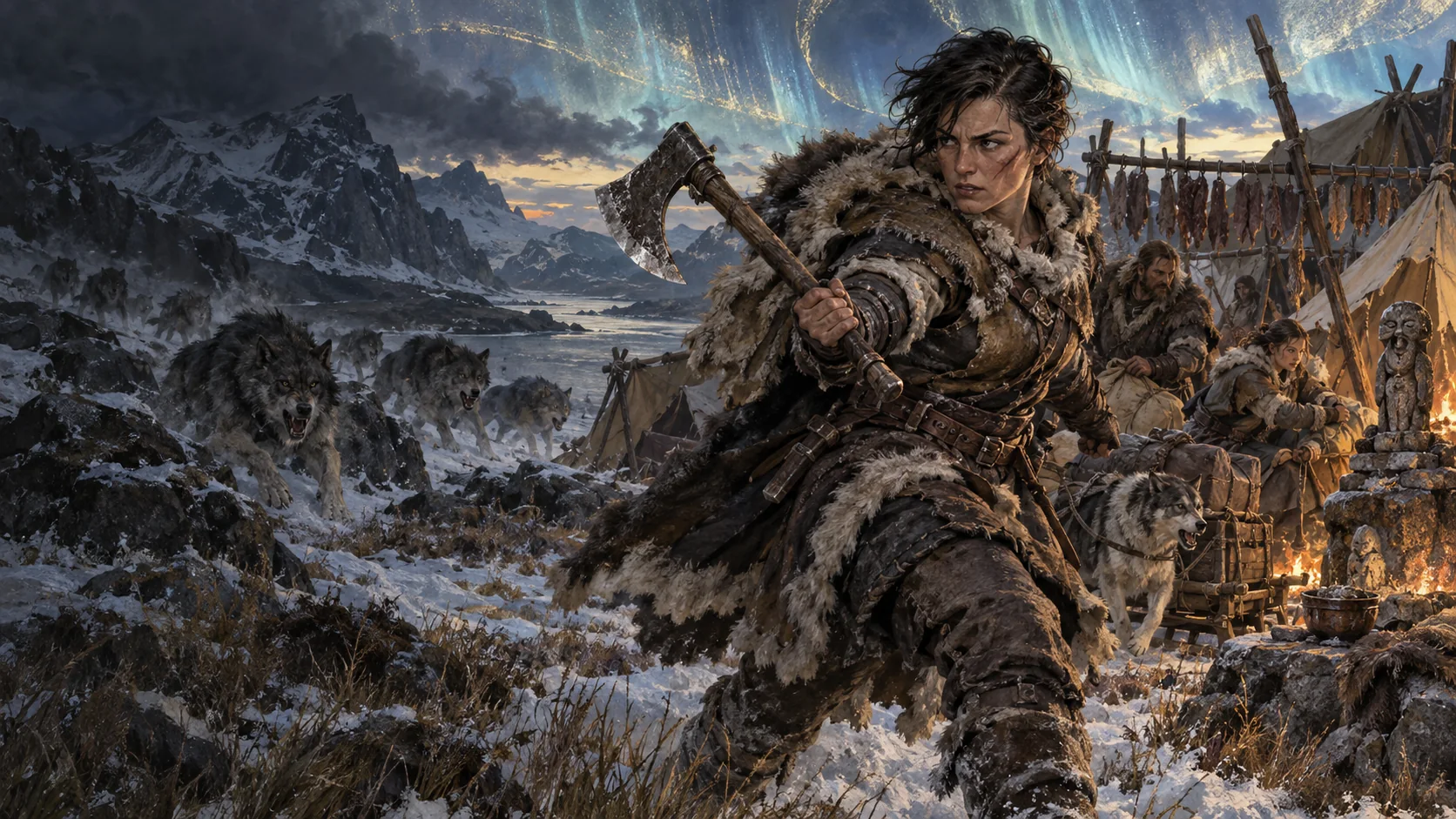 A fur-clad Wilder defends a travelling camp with an iron battle axe.