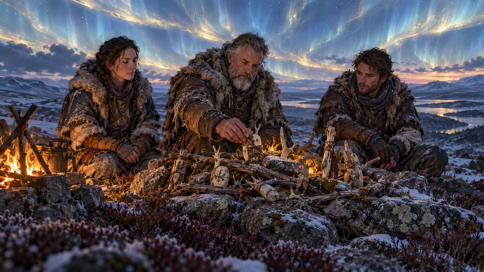 Wilders gather around a shrine of stones and sticks, tending the totems stored within it.
