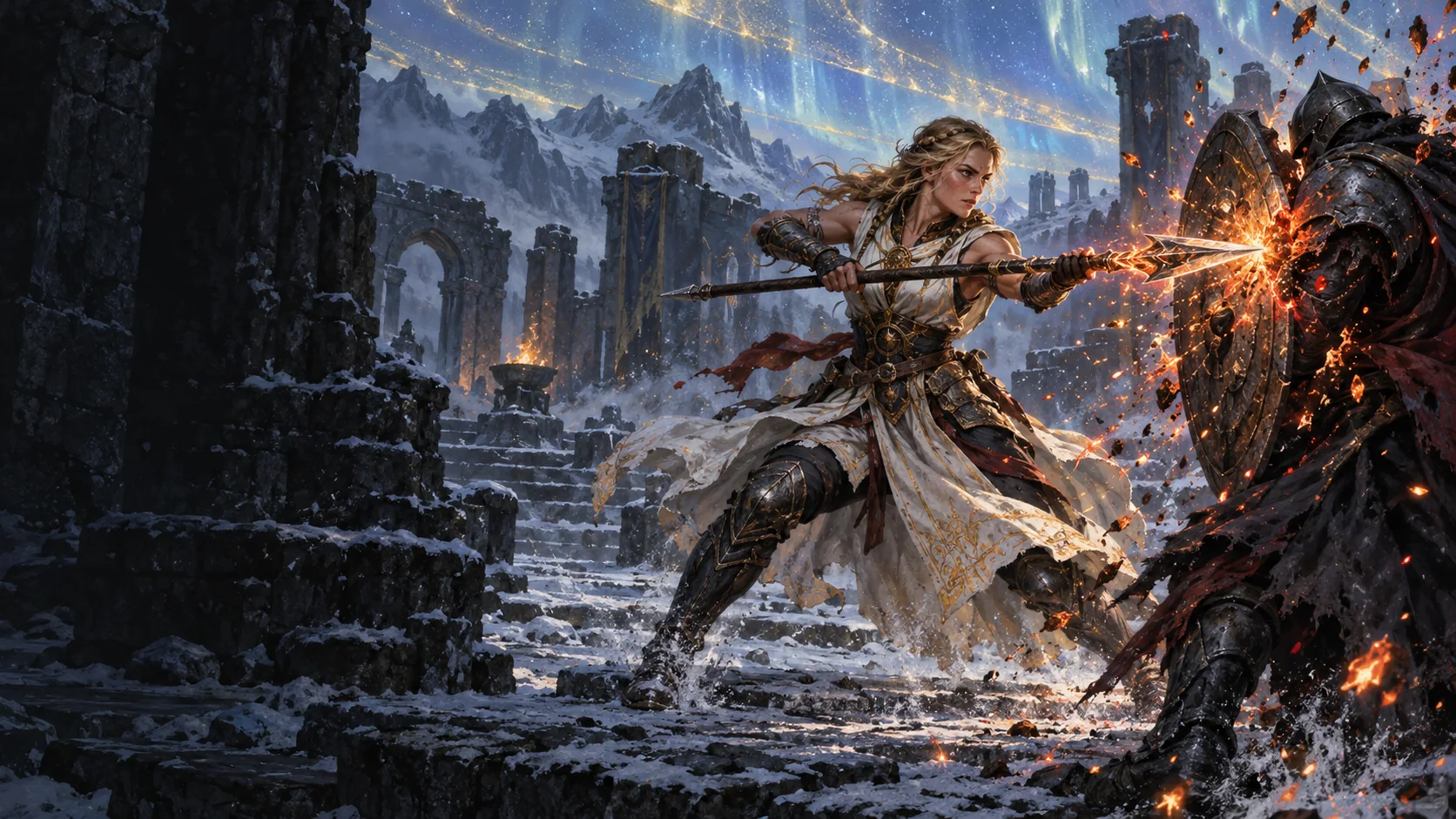 A Firepriest’s spear strike erupts through floating embers around an armoured opponent.