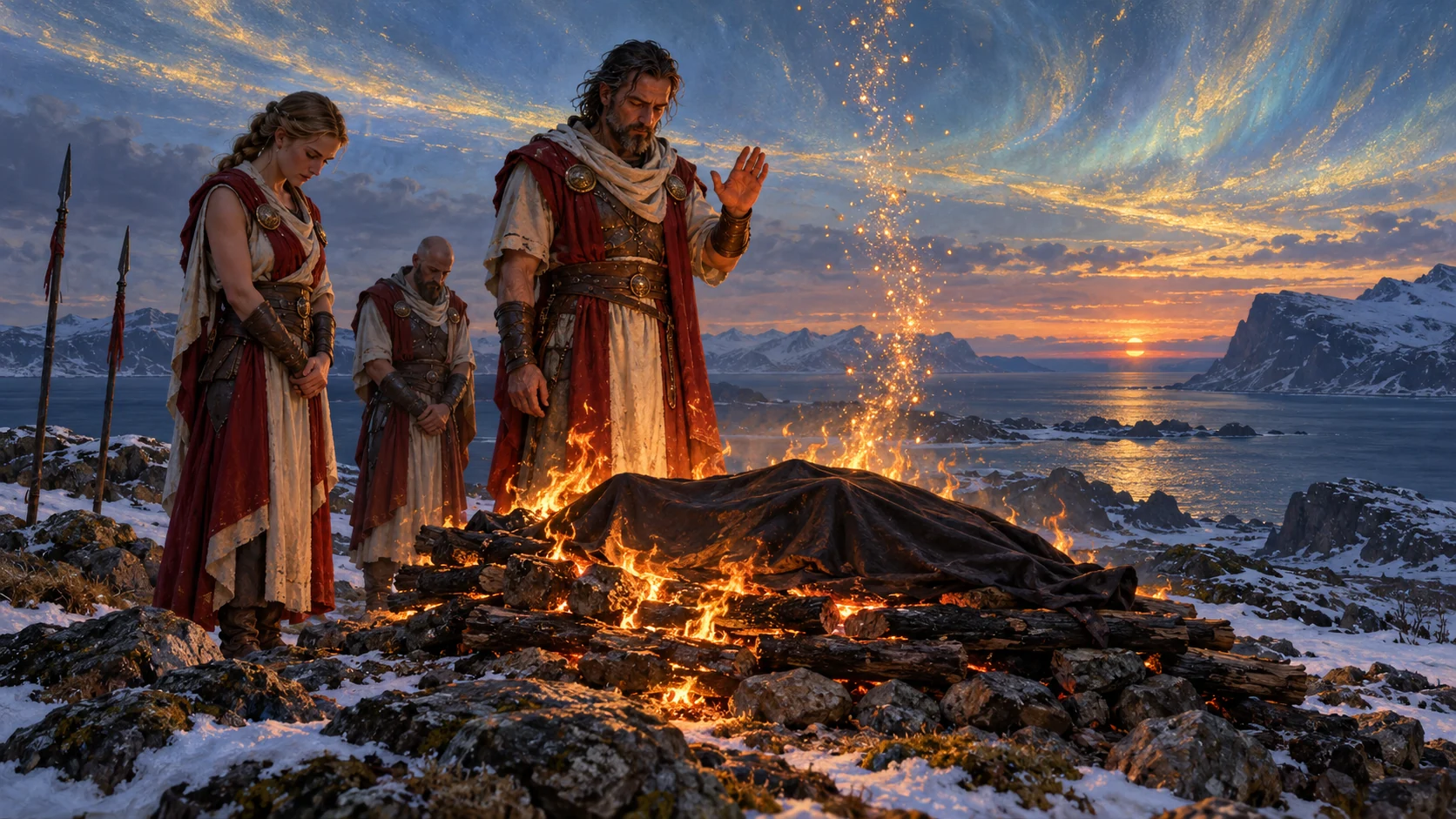 Three Firepriests honour a shrouded fallen foe beside a small funeral pyre at dusk.