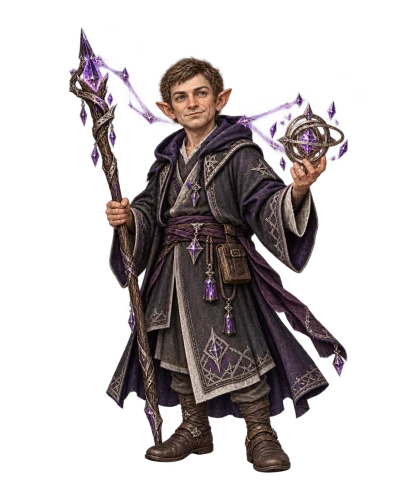 A brownie mage in a pointed hat and layered plum robes holds an amethyst-topped staff and a violet spell diagram.