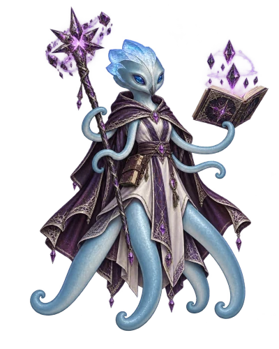A blue, tentacled Ciloss mage wears violet-and-ivory robes, holding a staff and an open spellbook beneath floating amethyst fragments.