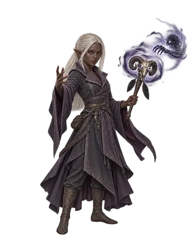 A dark elf sorceress in dark robes holds a ram-skull sceptre surrounded by violet spirit energy.