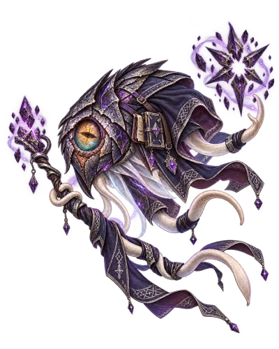 A single-eyed Drifter mage wears violet cloth over its plated body and shapes amethyst crystal magic with a curled tentacle.