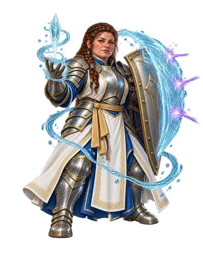 A dwarven priestess of Water in plate and white-and-blue robes carries a shield surrounded by ice.