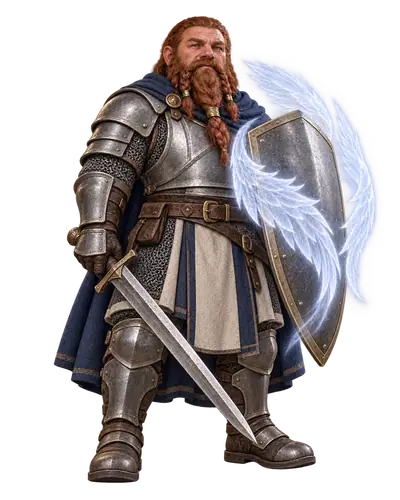 A dwarven Templar in plate armour carries a sword and a shield ringed with pale light.