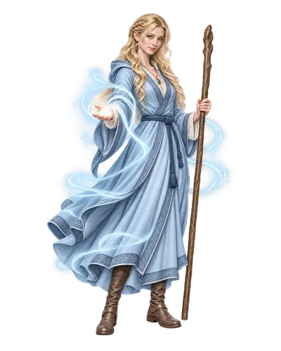 An elven priestess of Air in pale-blue robes holds a staff and gathers healing light in her hand.