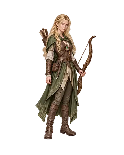 An elven Ranger in green and brown carries a bow and a quiver of arrows.