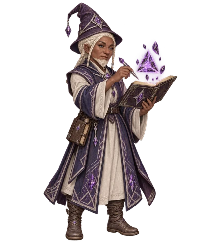 A white-haired gnome mage in a pointed violet hat reads an open spellbook and shapes amethyst crystal magic above its pages.