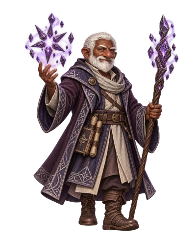 A white-bearded gnome mage in a plum coat with silver trim holds an amethyst-topped staff and shapes violet crystal magic.