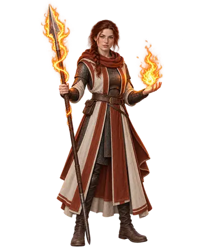 A human priestess of Fire in red-and-white robes carries a flaming spear and holds a flame.