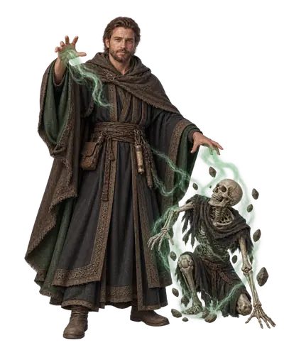 A human priest of Earth in dark robes commands a skeletal servant with green necromantic energy.