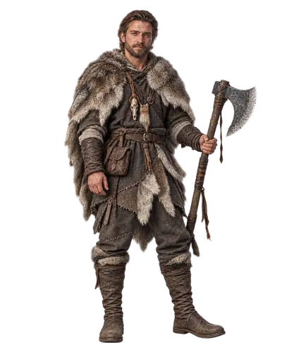 A human Wilder in furs and weathered leather carries an axe, with bone charms hanging from his neck.
