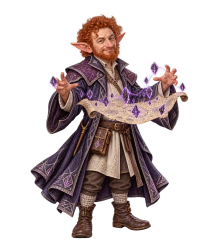 A red-haired leprechaun mage in a violet coat holds both hands above a floating parchment surrounded by amethyst spell fragments.
