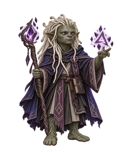 A moss-green Mold Man mage with pale tendril-like hair wears violet robes, holding an amethyst-topped staff and a floating crystal spell.