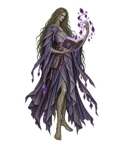 A tall, slender Reed mage with moss-green hair wears violet robes and studies a floating spellbook amid purple crystal magic.
