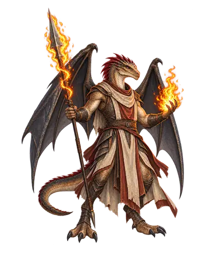 Winged Saerka priest of Fire holding a flaming spear.