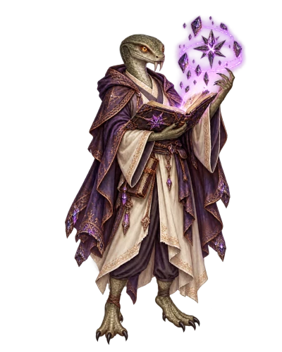 A scaled Snakeman mage in violet-and-ivory robes studies an open book beneath floating amethyst spell fragments.