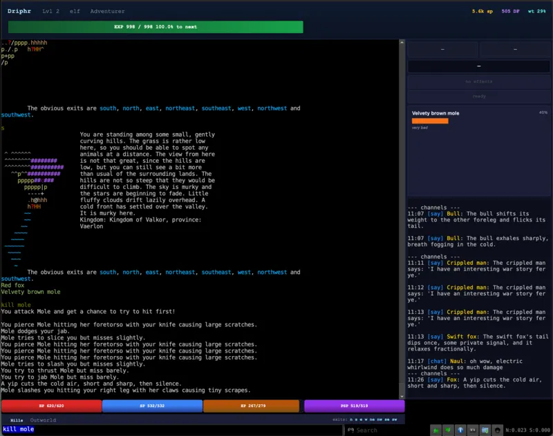Mudlet running the official Icesus package, showing a HUD with vitals, cooldowns, an enemy panel and chat channels