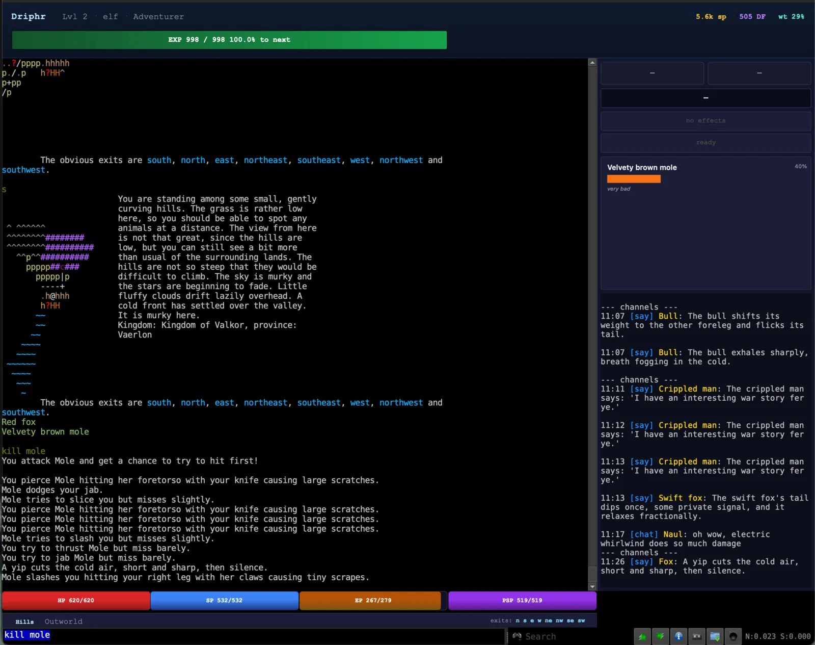 Mudlet running the Icesus package: top banner with character identity and a green EXP bar, ASCII map and room description in the main console, an enemy panel and channel feed on the right column, and HP / SP / EP / PSP gauges plus the exit list at the bottom.