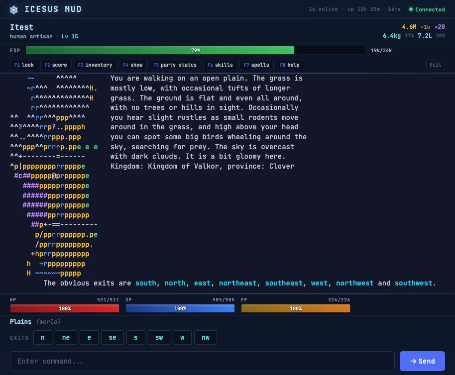 The Icesus browser client showing text output, a command line, and game panels.