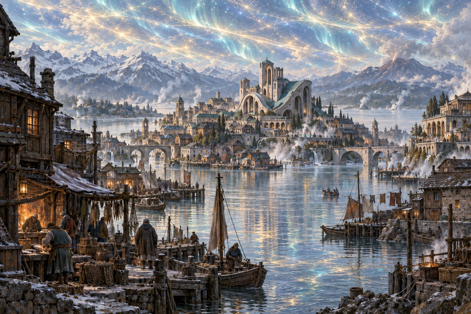 Steam rises between the islands and bridges of Cenedoiss, with the Water cathedral and the woven barrier reflected in its lake.