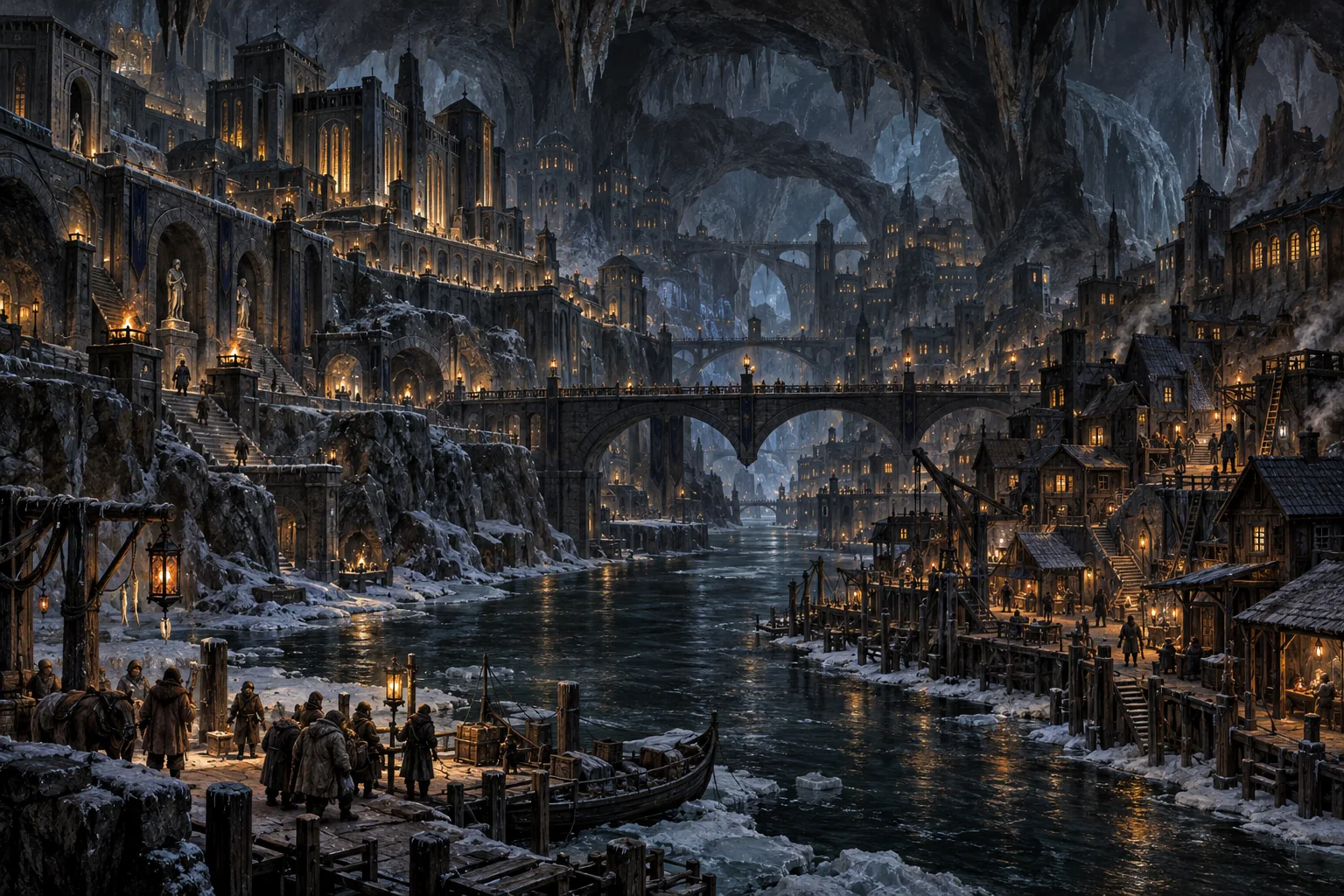 Graemor’s inhabited stone terraces and bridges rise inside a vast cavern above a partly frozen subterranean river.