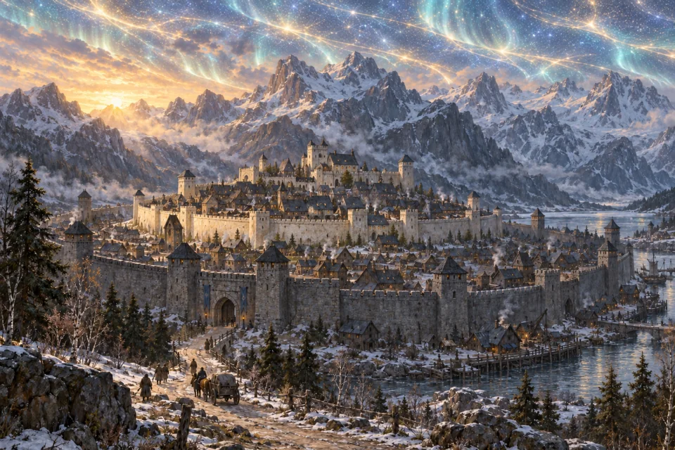 Vaerlon’s pale stone walls rise above the roofs of the city founded by elves and dwarves.