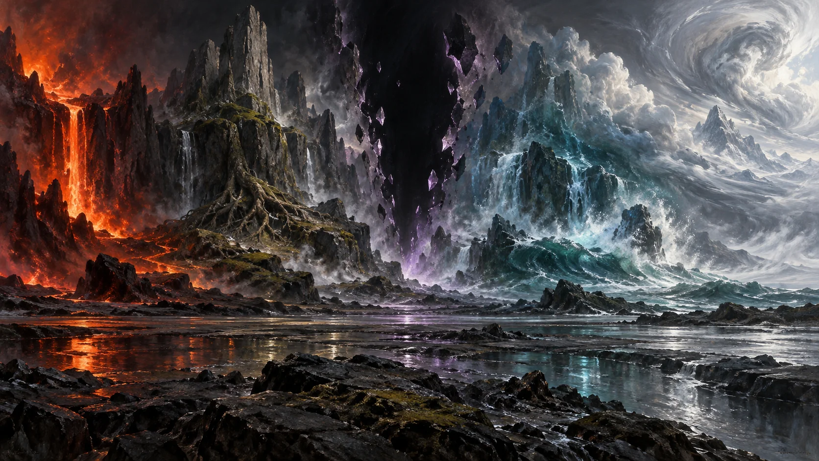 Fire, rock, water and wind meet around a dark fracture in a landscape of elemental forces.