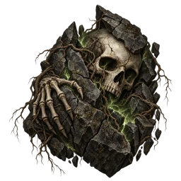 A skeletal hand grips cracked granite beneath a skull wreathed in green necromancy.