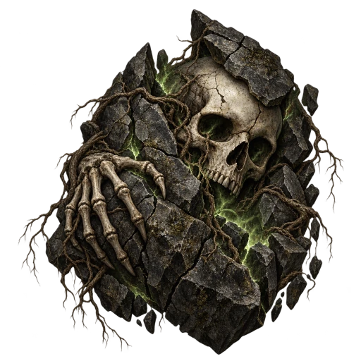 A skeletal hand grips cracked granite beneath a skull wreathed in green necromancy.