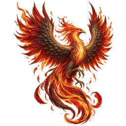 A phoenix spreads its wings in red and gold flame.
