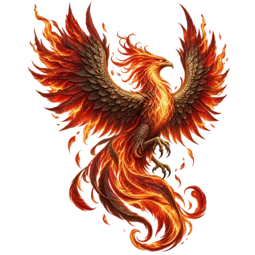 A phoenix spreads its wings in red and gold flame.