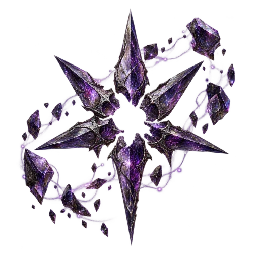Violet crystal fragments surround an empty, fractured centre.