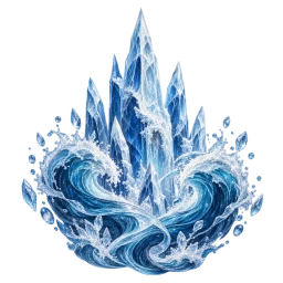 Clear ice rises from a curling azure tide.
