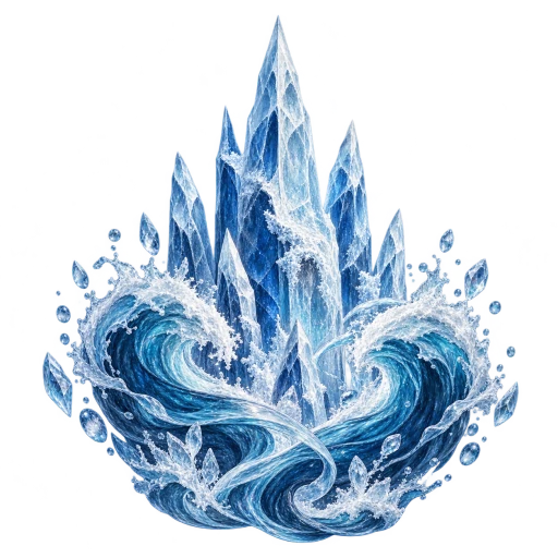 Clear ice rises from a curling azure tide.